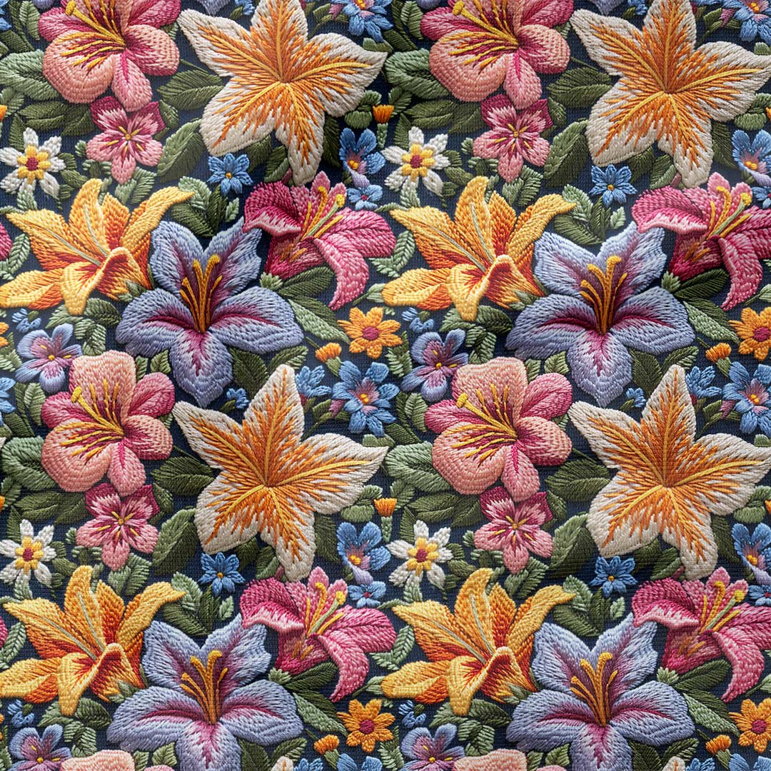 Embroidery Colourful Lillies Fabric