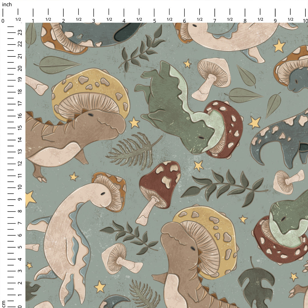 Cottagecore Dino Shrooms Blue Fabric
