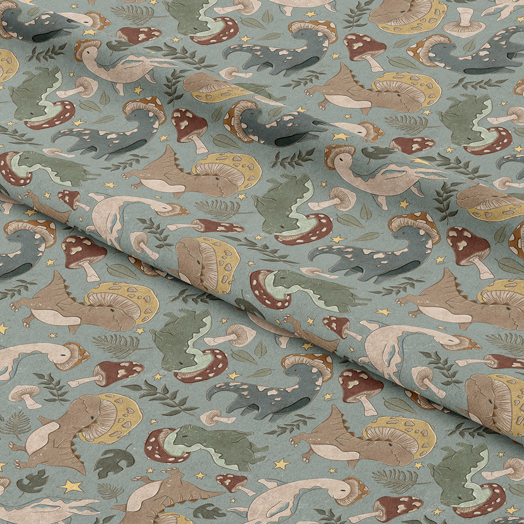 Cottagecore Dino Shrooms Blue Fabric