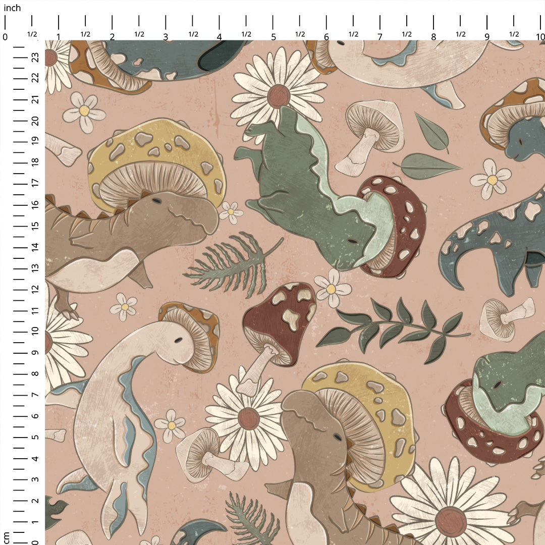 Cottagecore Dino Shrooms Pink Fabric