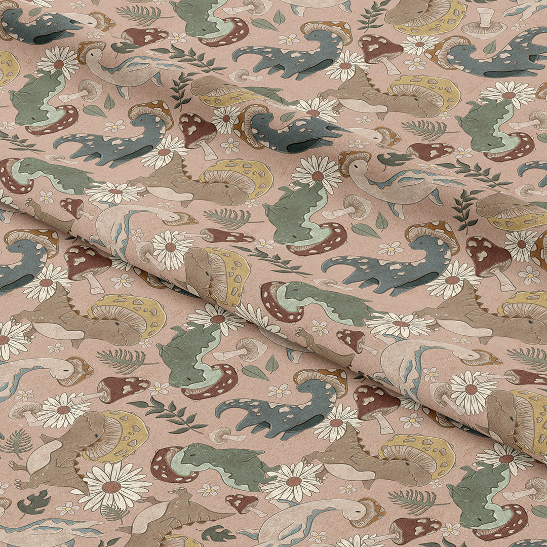 Cottagecore Dino Shrooms Pink Fabric