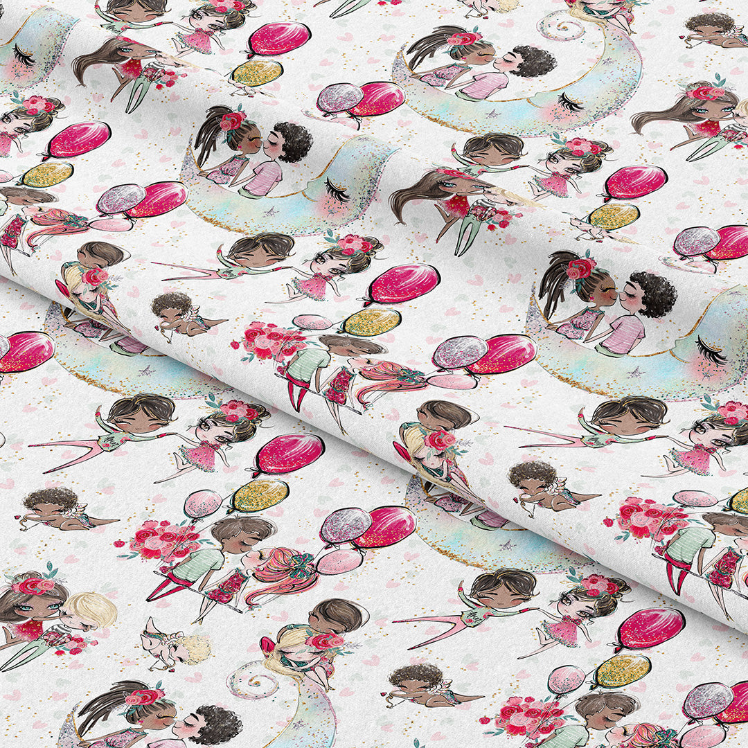 Cupid and Moon White Fabric