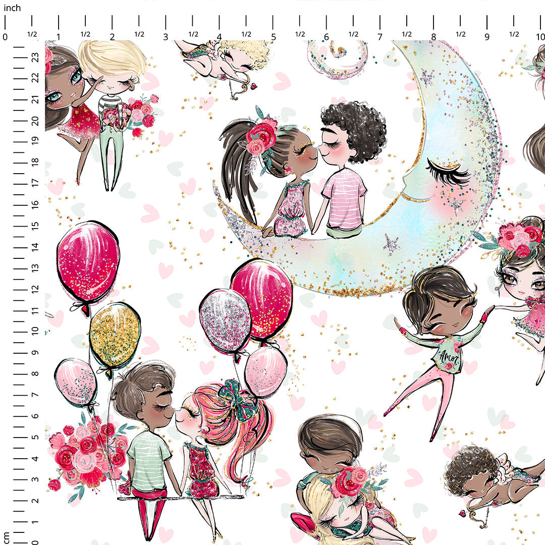 Cupid and Moon White Fabric