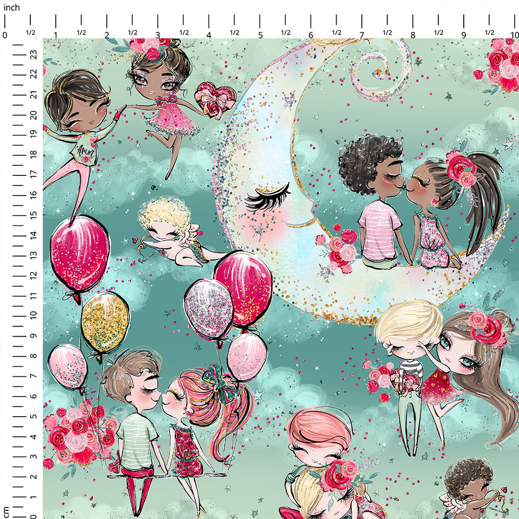 Cupid and Moon Mint Fabric