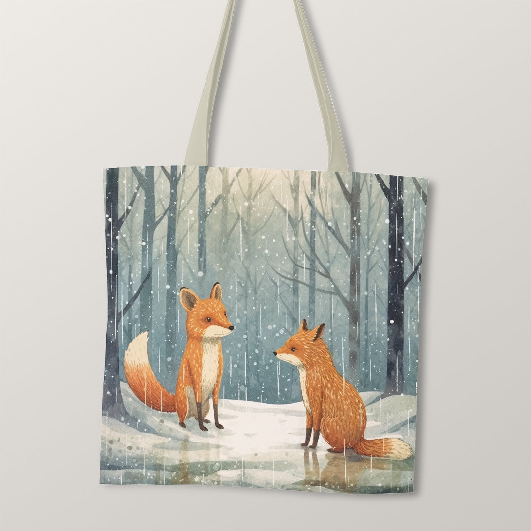 TOTE Cute Winter Foxes Fabric Bag Panel
