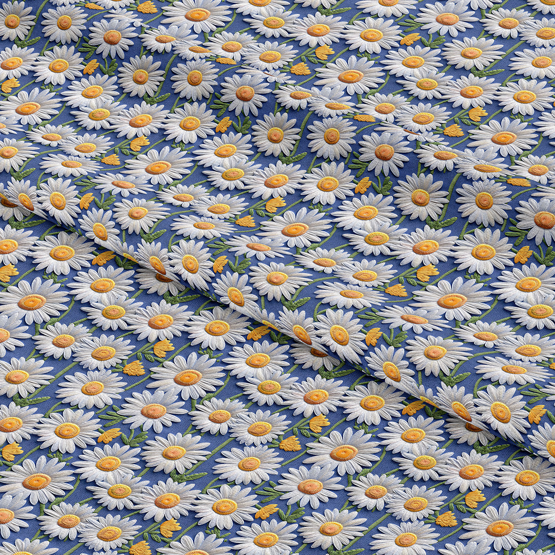 Daisy Blue Embroidery Fabric