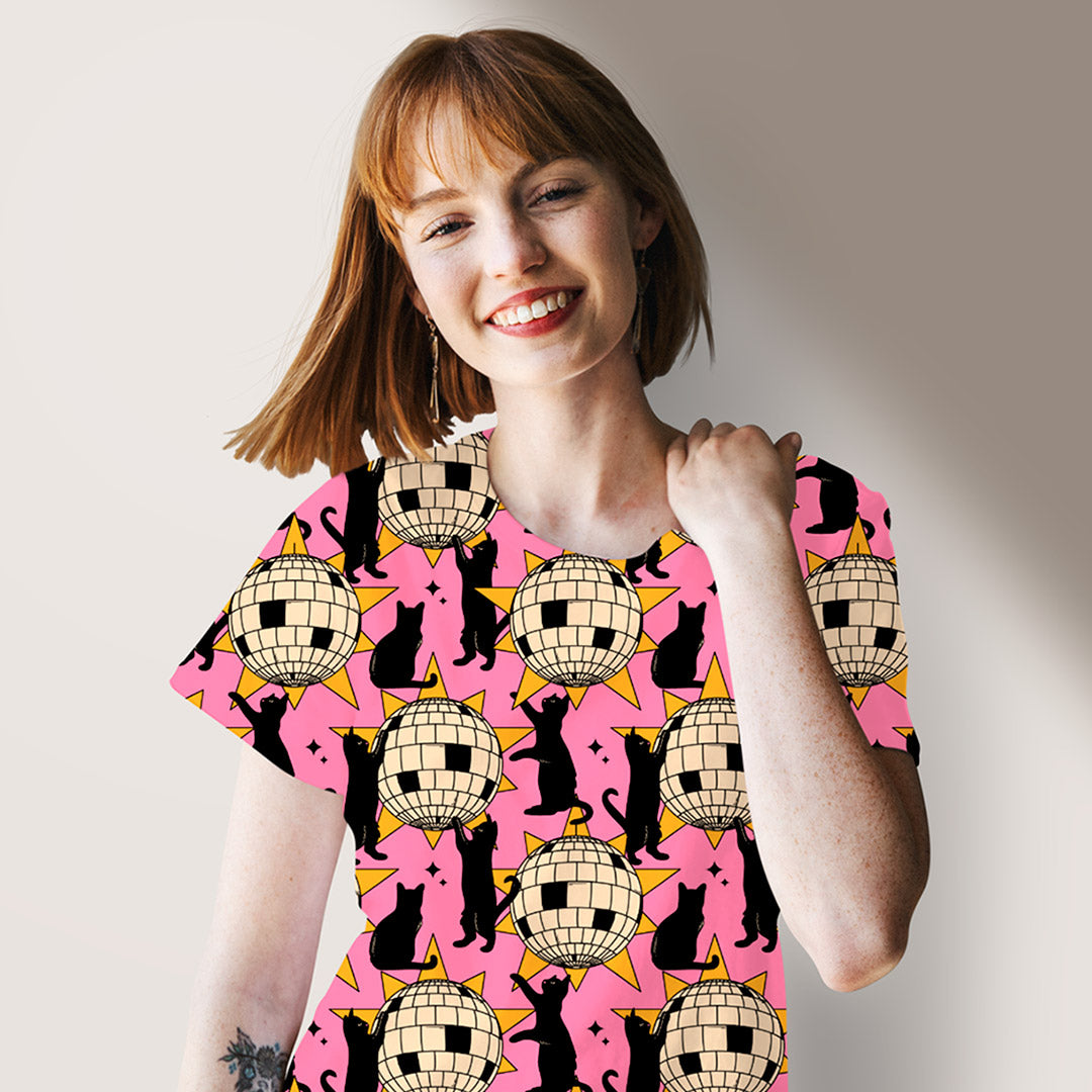 Disco Ball Cat Pink Fabric