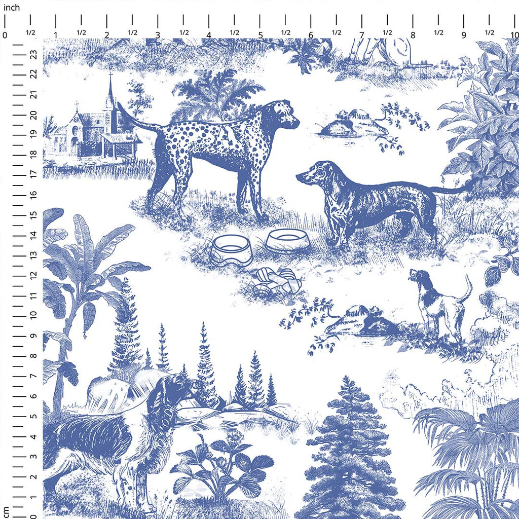 Dogs Blue Toile De Jouy Fabric