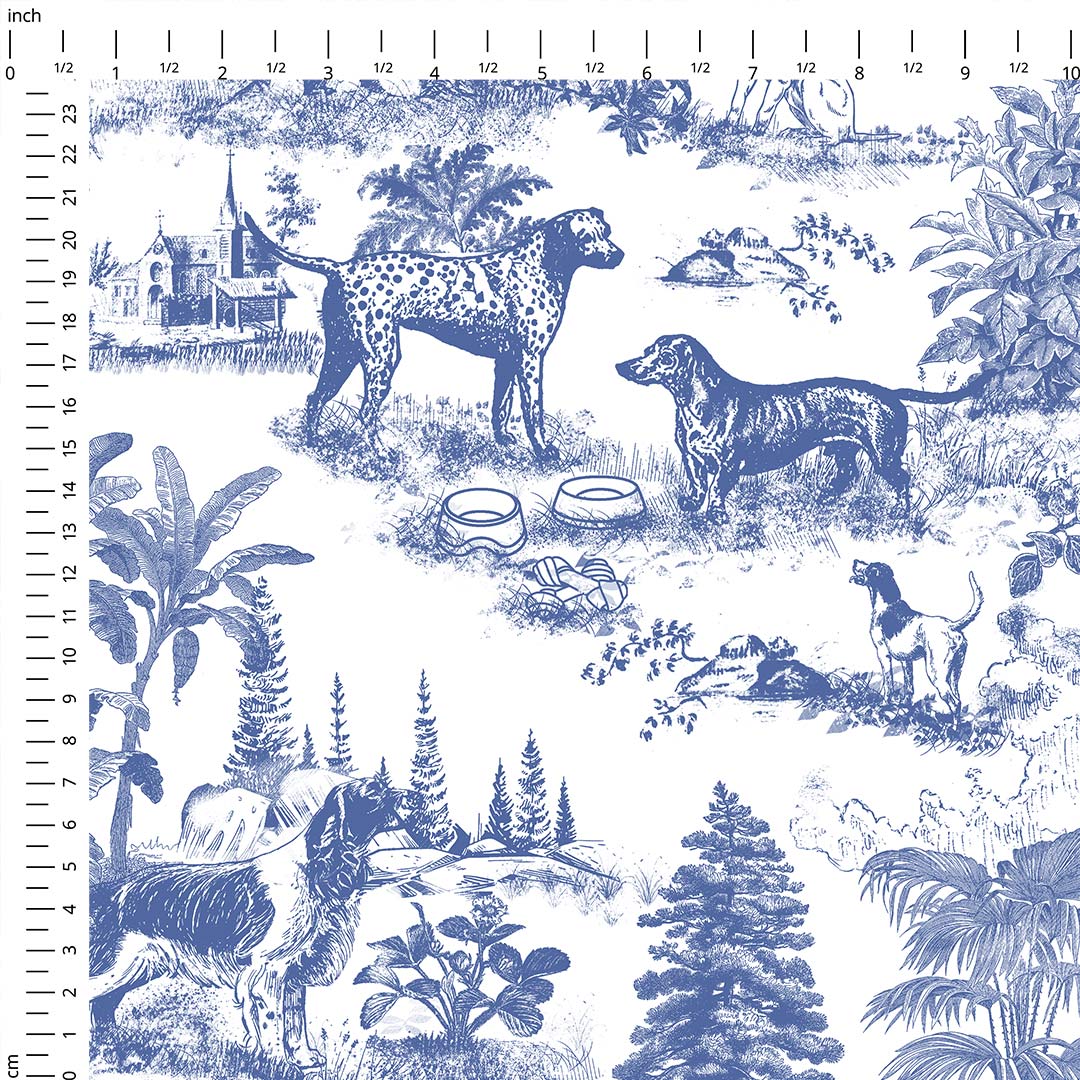 Dogs Blue Toile De Jouy Fabric