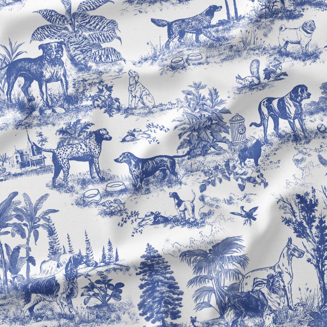 Dogs Blue Toile De Jouy Fabric