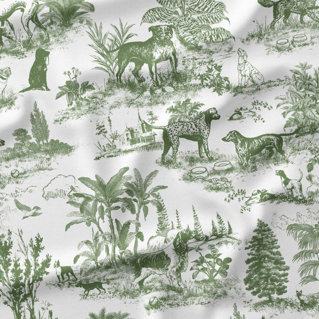 Dogs Green Toile De Jouy Fabric