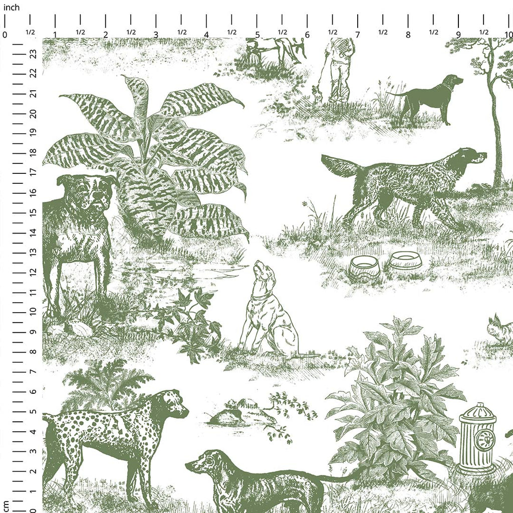 Dogs Green Toile De Jouy Fabric