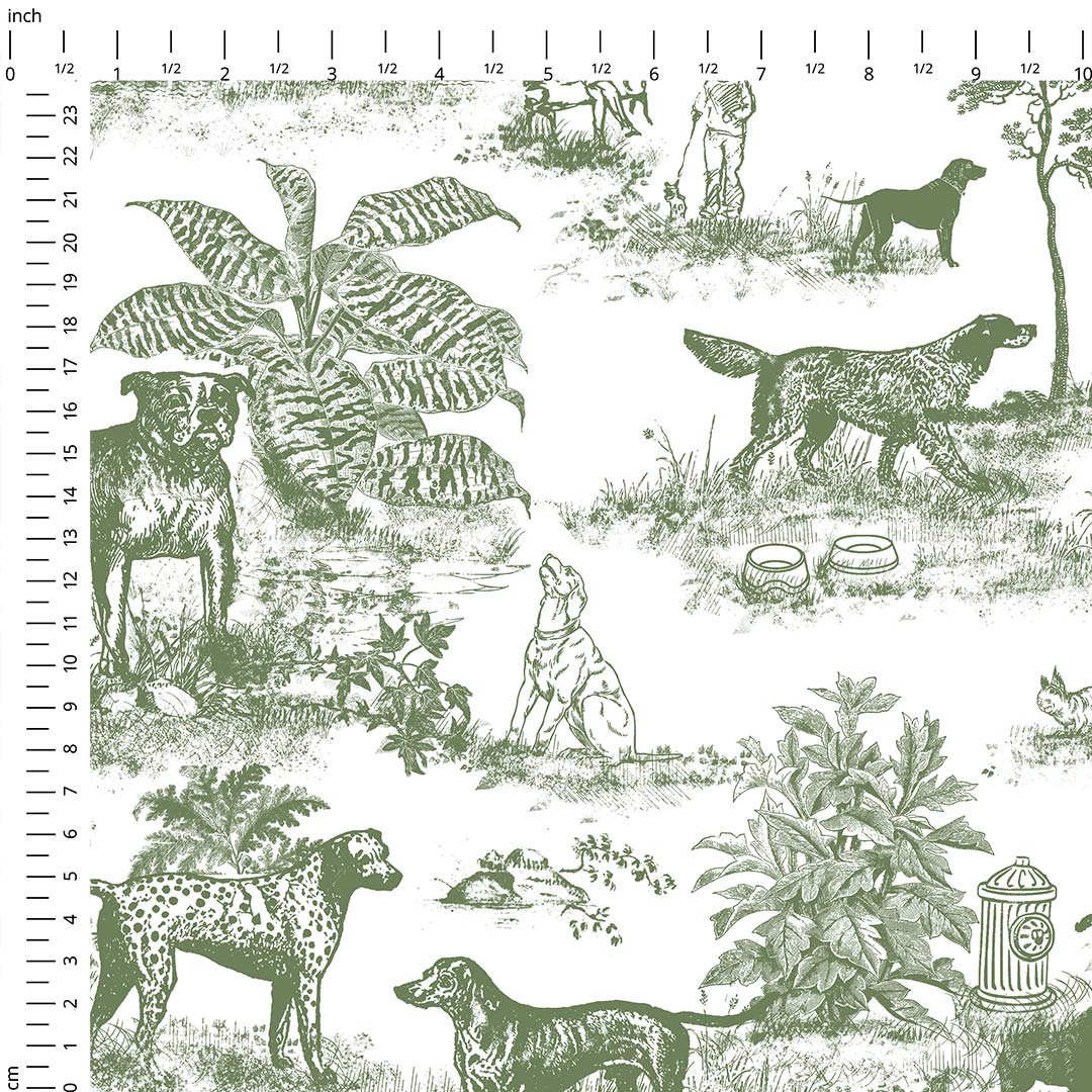 Dogs Green Toile De Jouy Fabric