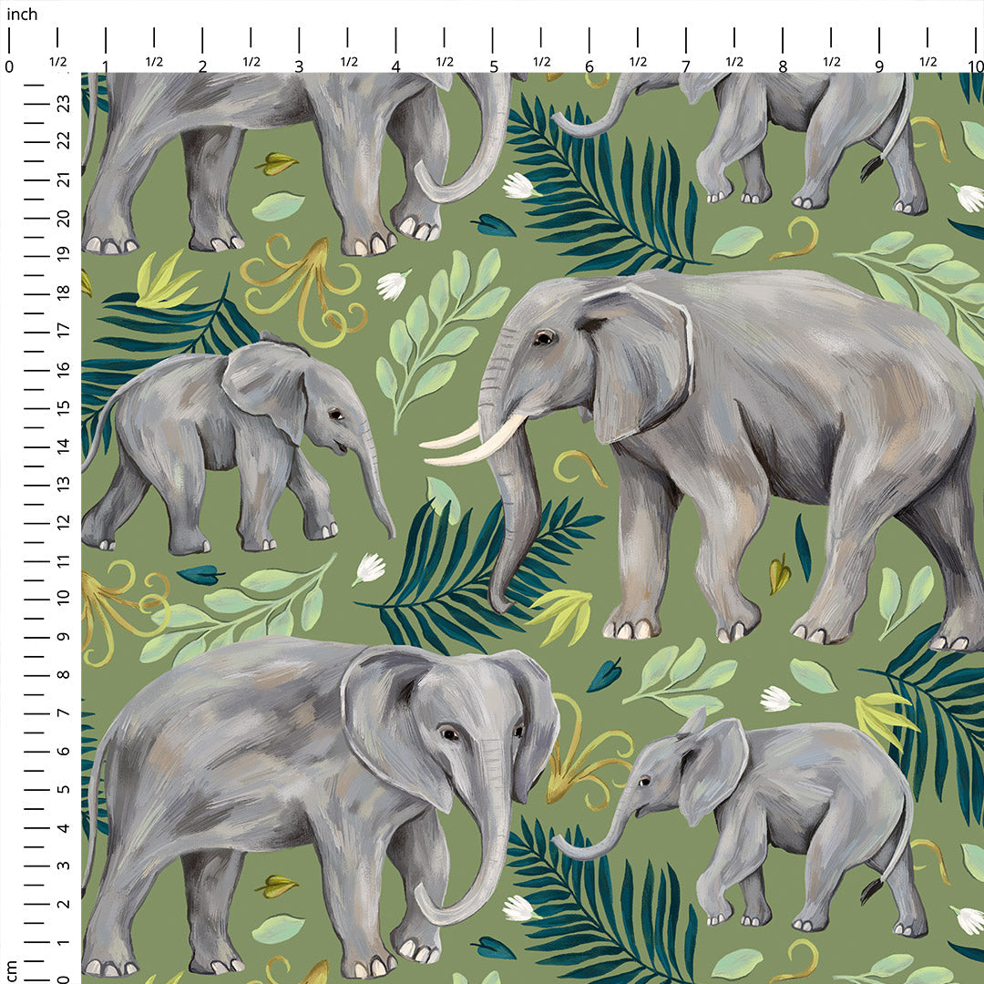 Elephants Green Fabric
