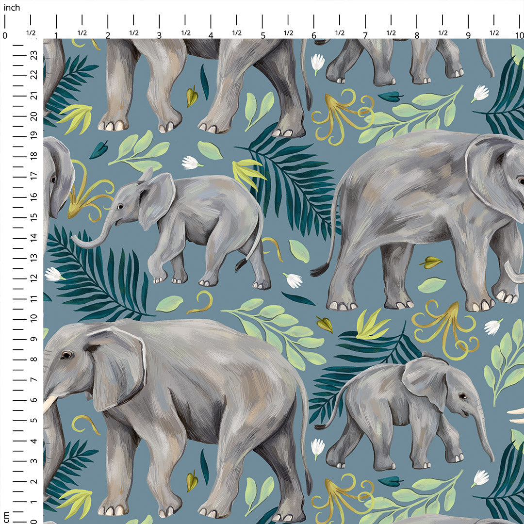 Elephants Teal Fabric