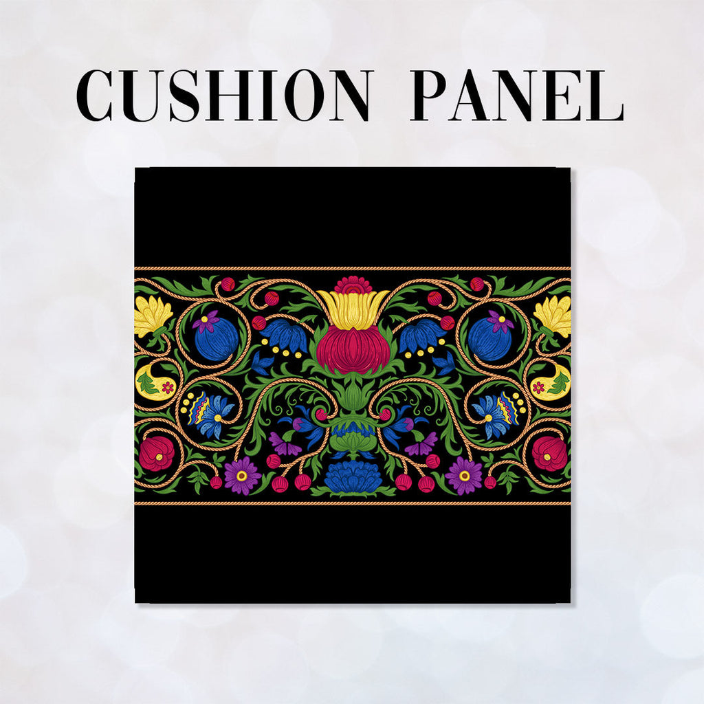 CUSHION Elizabethan Floral Scroll Black Fabric Panel CP-635