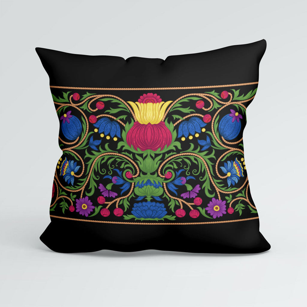 CUSHION Elizabethan Floral Scroll Black Fabric Panel CP-635