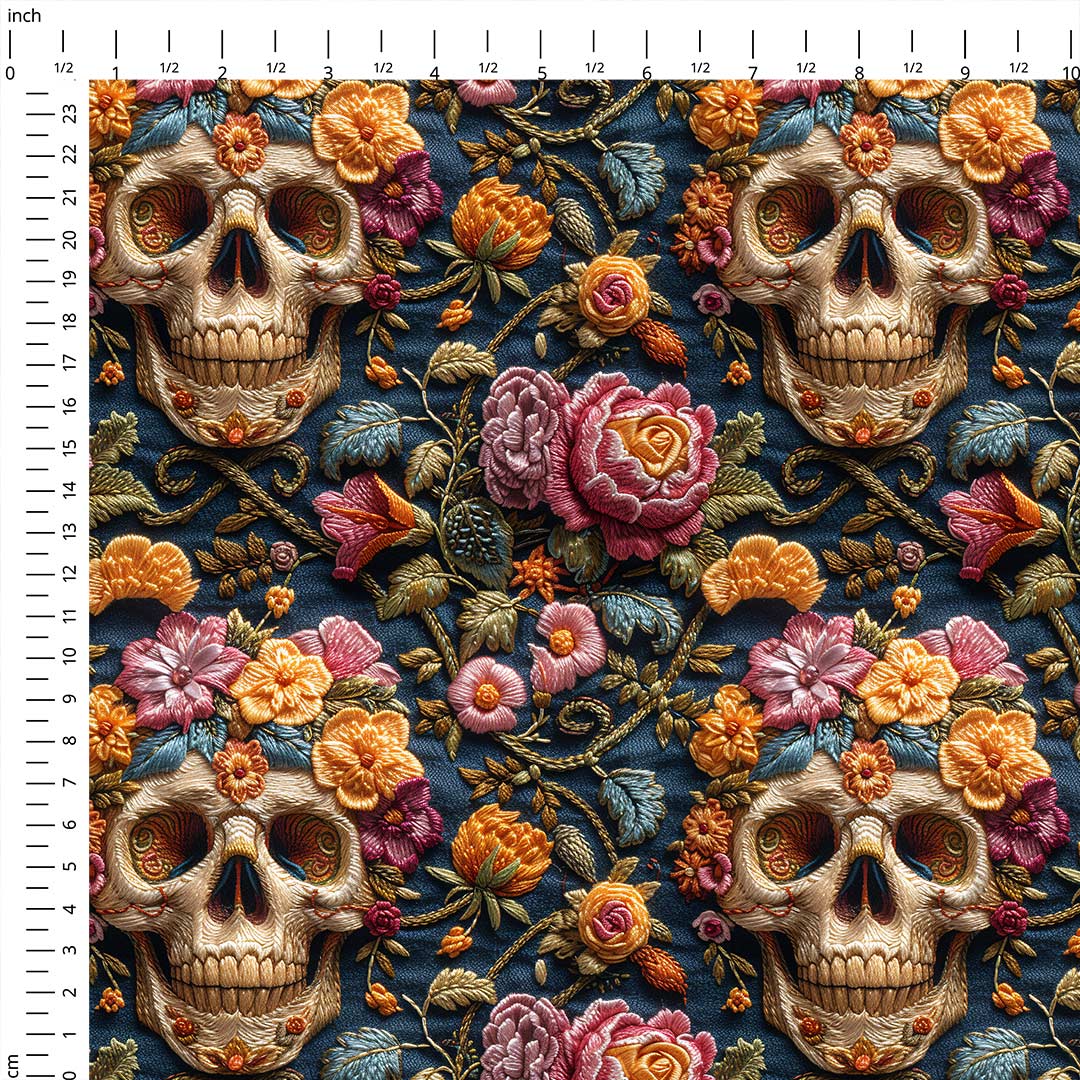 Embroidered Blooming Skulls Fabric