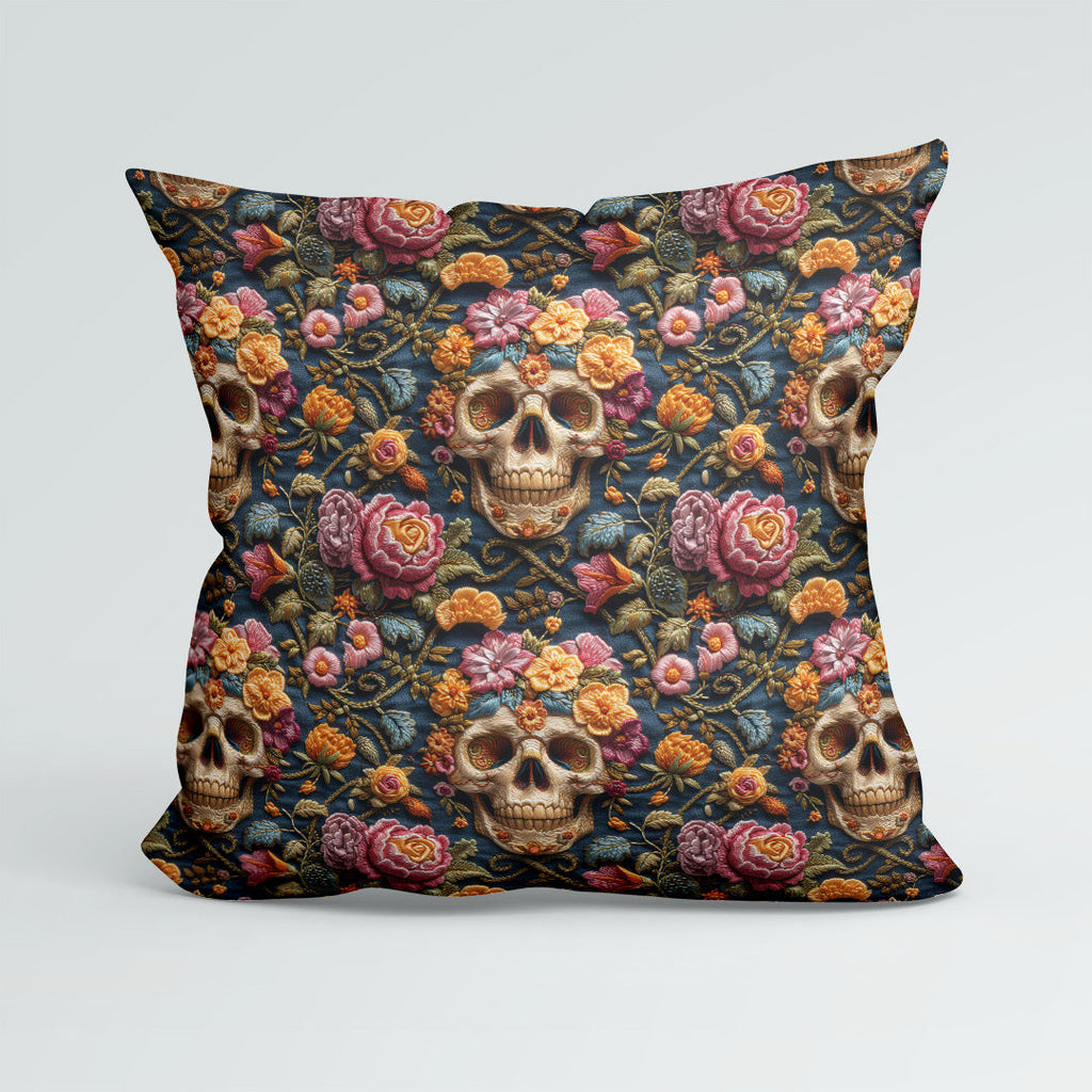 Embroidered Blooming Skulls Fabric