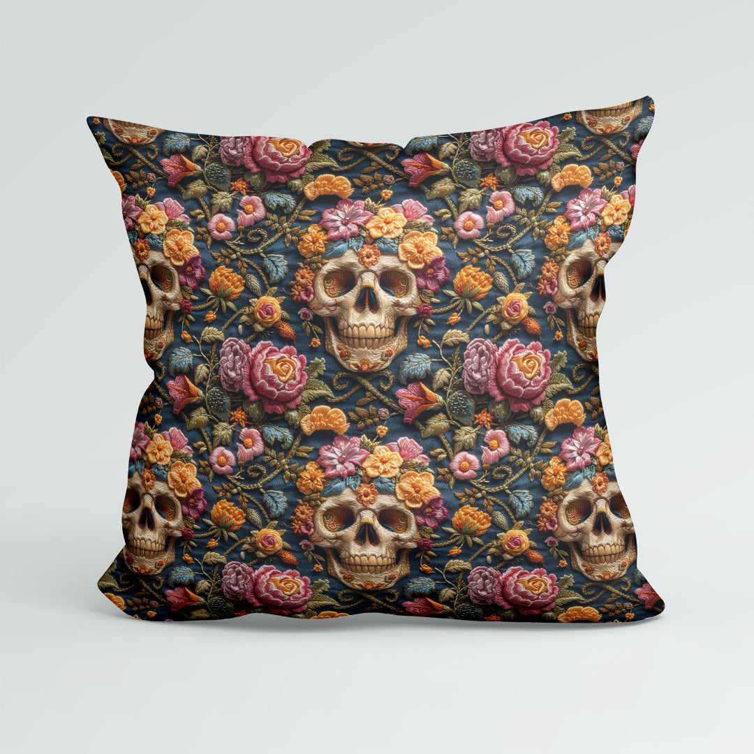 Embroidered Blooming Skulls Fabric