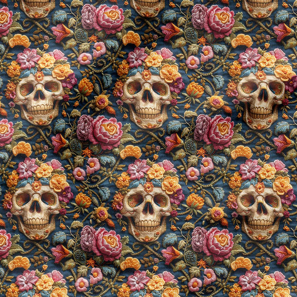 Embroidered Blooming Skulls Fabric