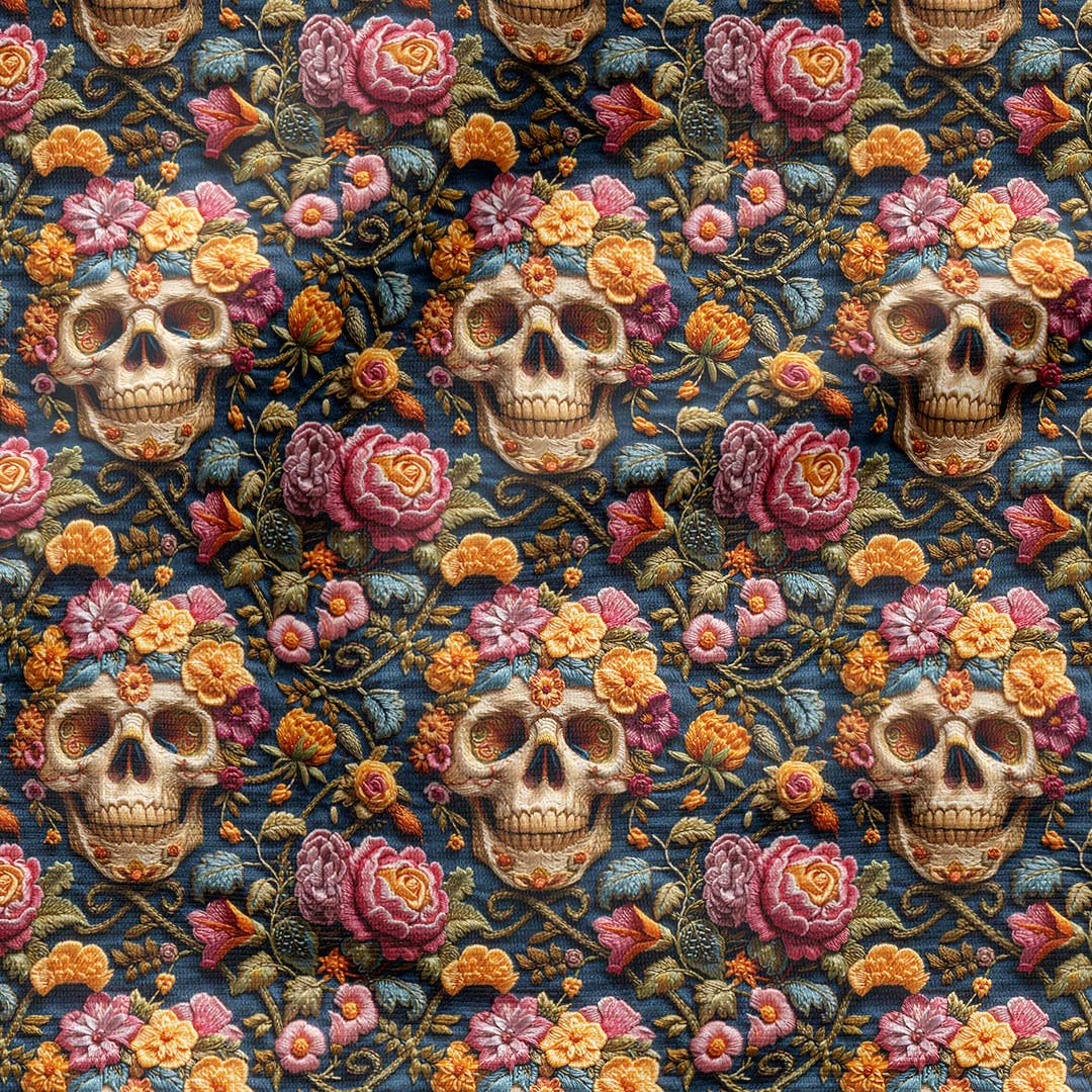 Embroidered Blooming Skulls Fabric