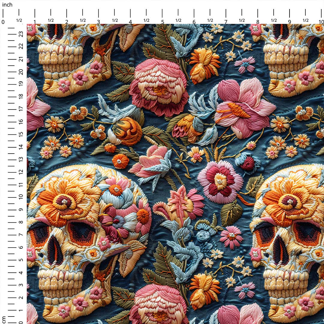 Embroidered Floral Skulls Fabric