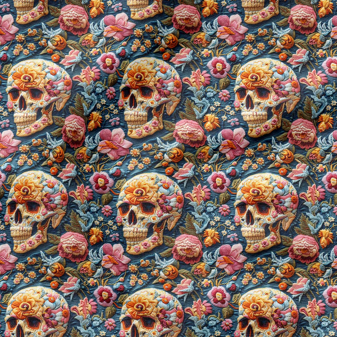 Embroidered Floral Skulls Fabric
