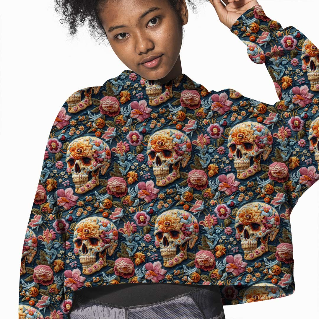 Embroidered Floral Skulls Fabric
