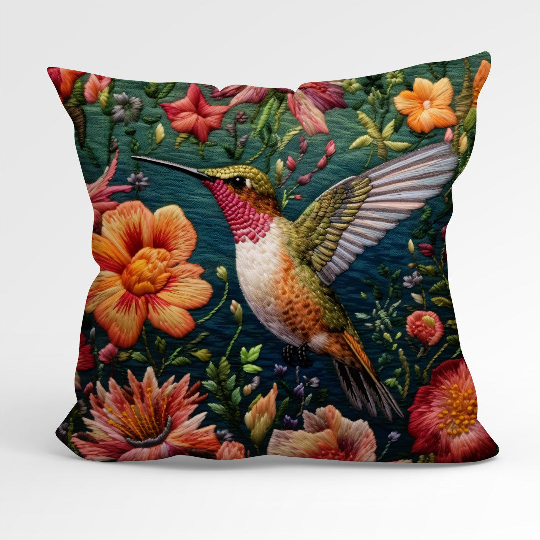 CUSHION Fabric Panel Embroidered Hummingbird 2
