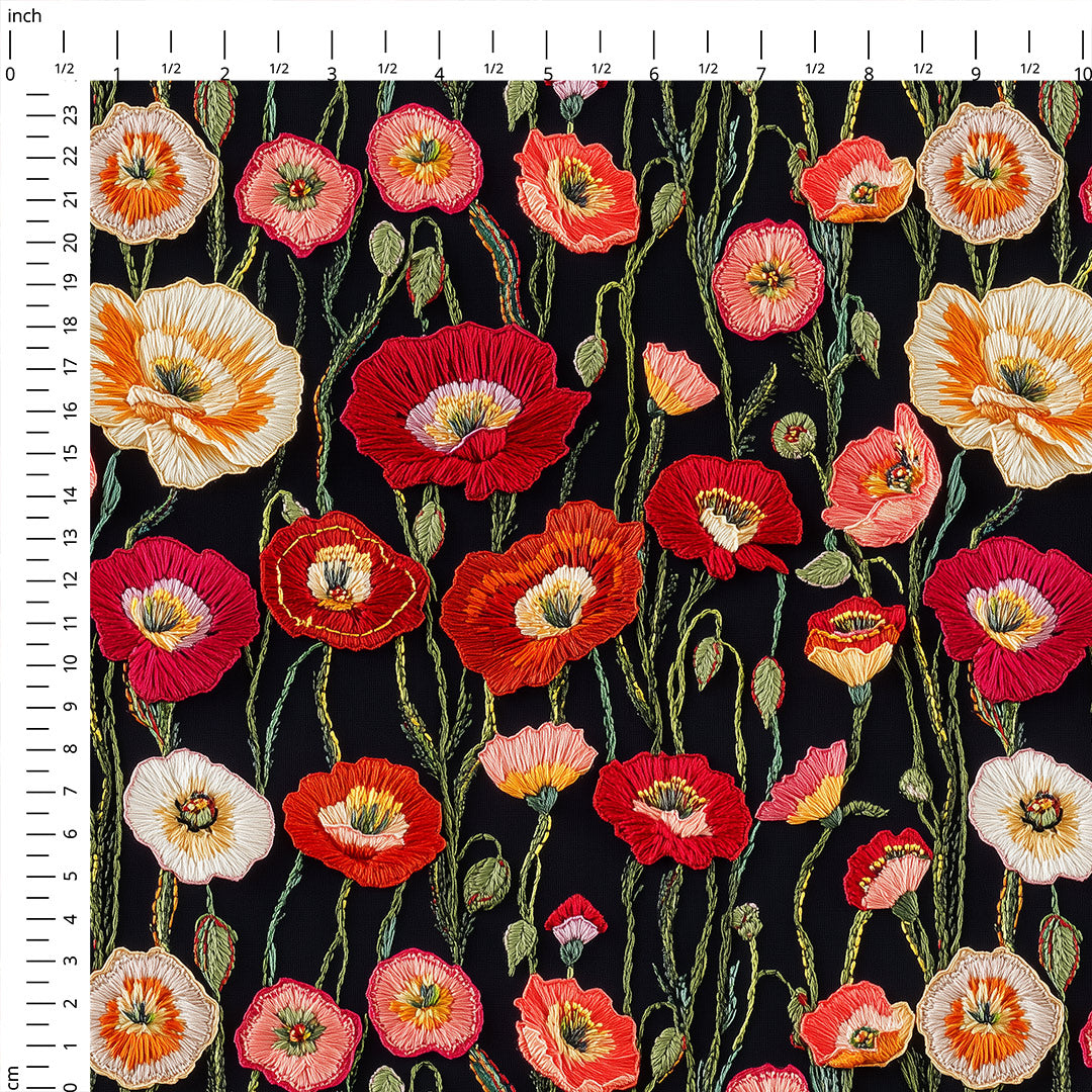 Embroidered Poppies Fabric