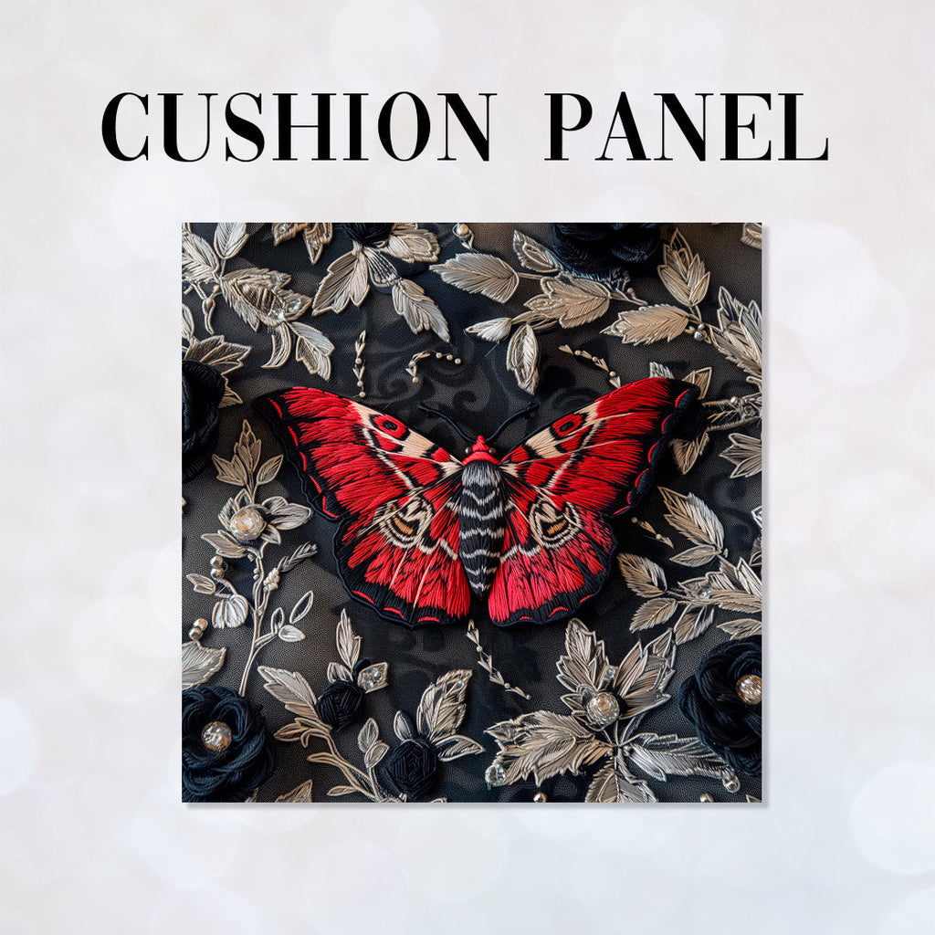 CUSHION Panel Embroidered Red Moth CP-197