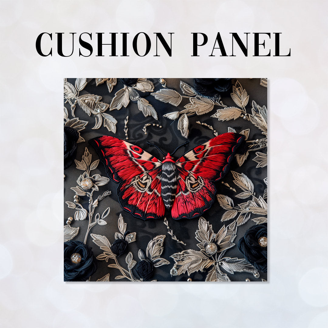 CUSHION Panel Embroidered Red Moth CP-197