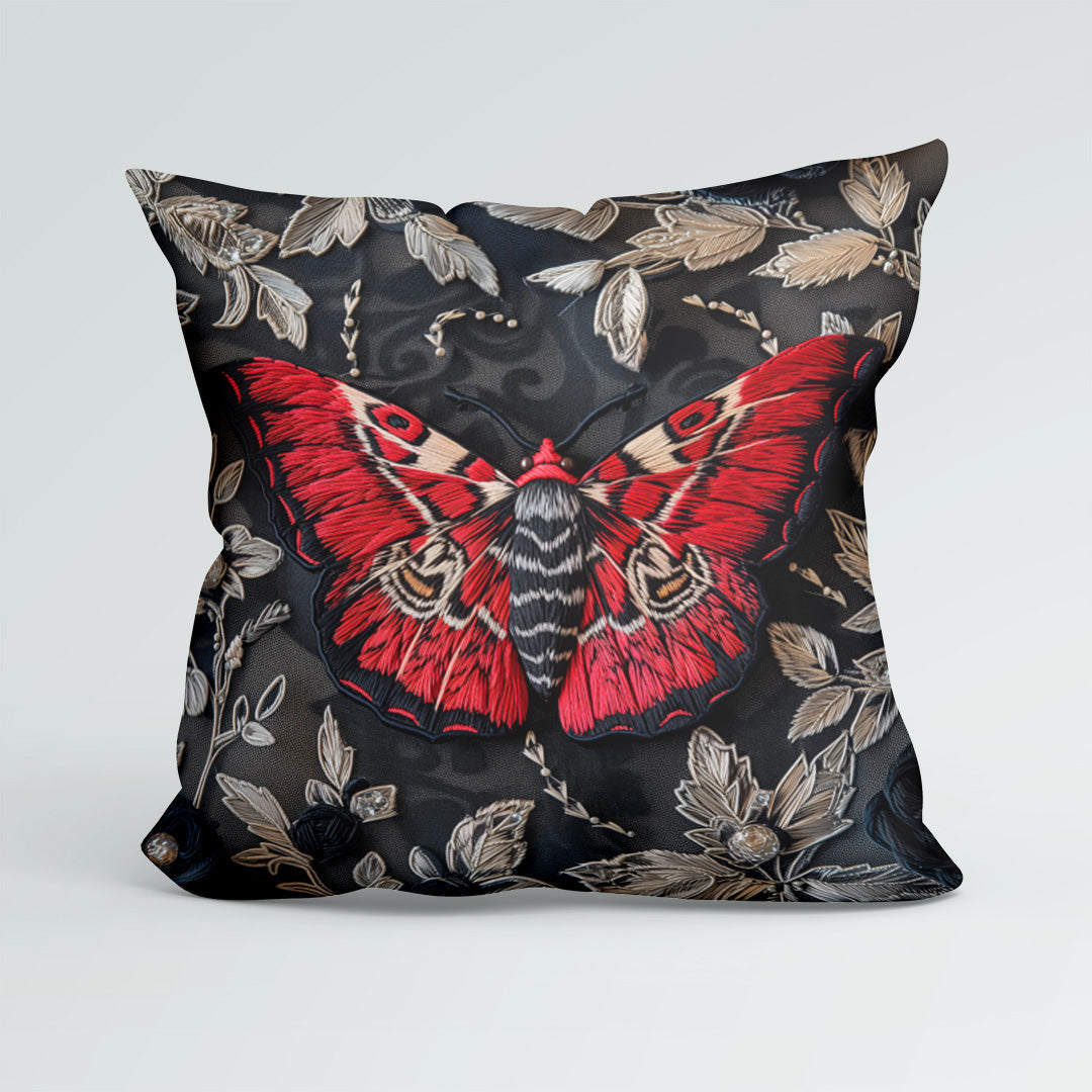 CUSHION Panel Embroidered Red Moth CP-197