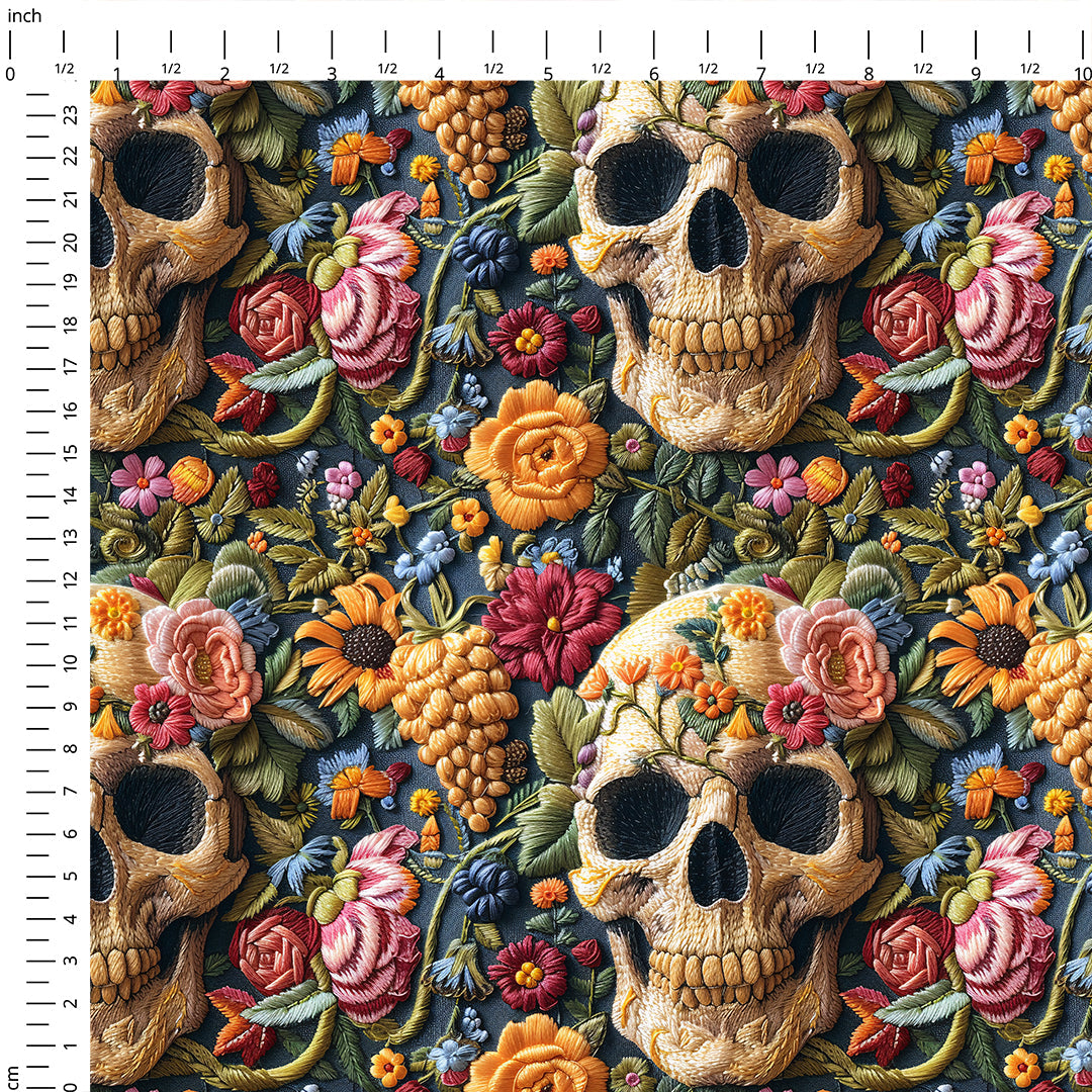 Embroidered Summer Skulls Fabric