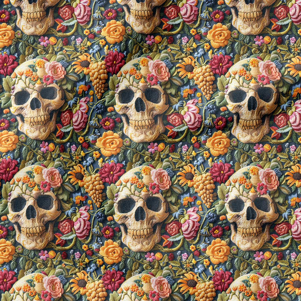 Embroidered Summer Skulls Fabric
