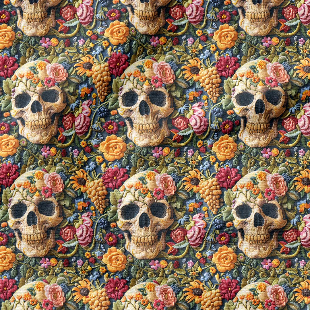 Embroidered Summer Skulls Fabric