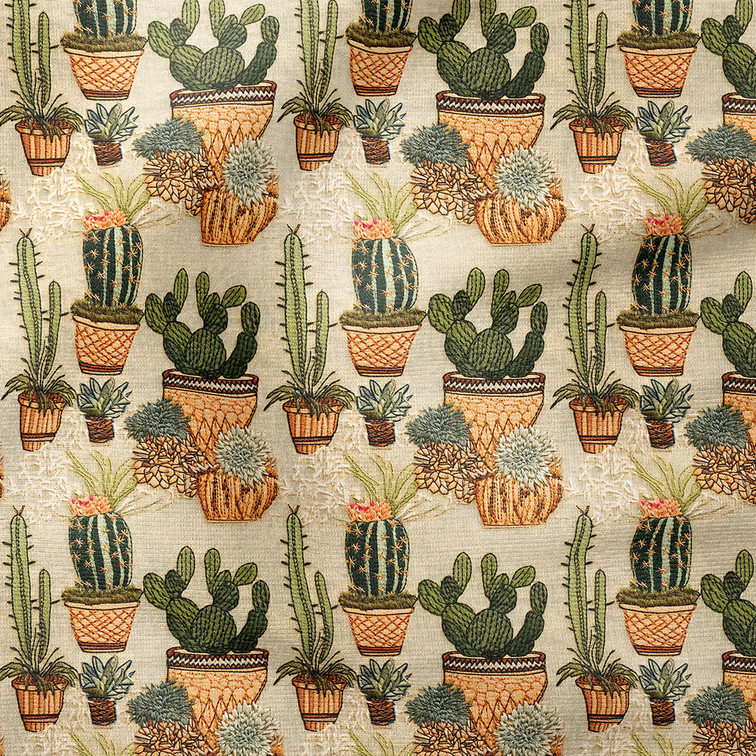 Cactus On Burlap Embroidery Fabric