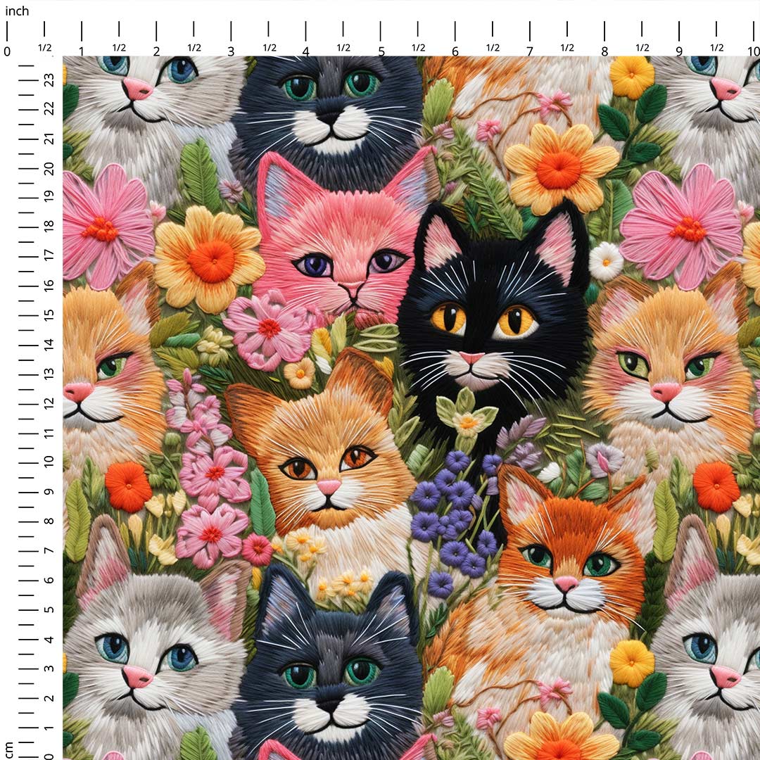 Embroidered Cats Fabric