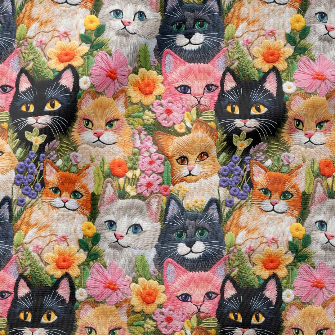 Embroidered Cats Fabric
