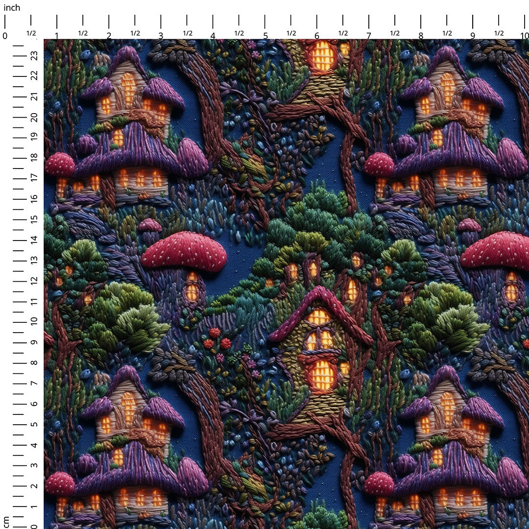 Embroidery Forest Fairy Houses Fabric