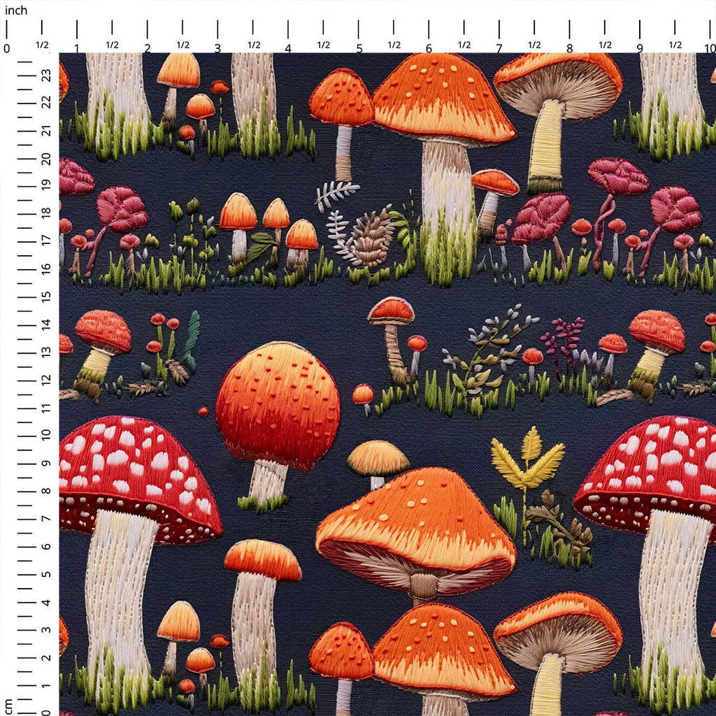Mushrooms Navy Embroidery Fabric