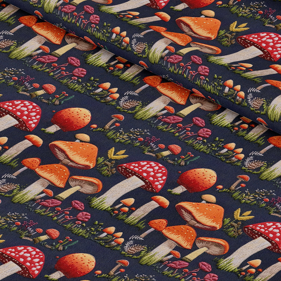 Mushrooms Navy Embroidery Fabric