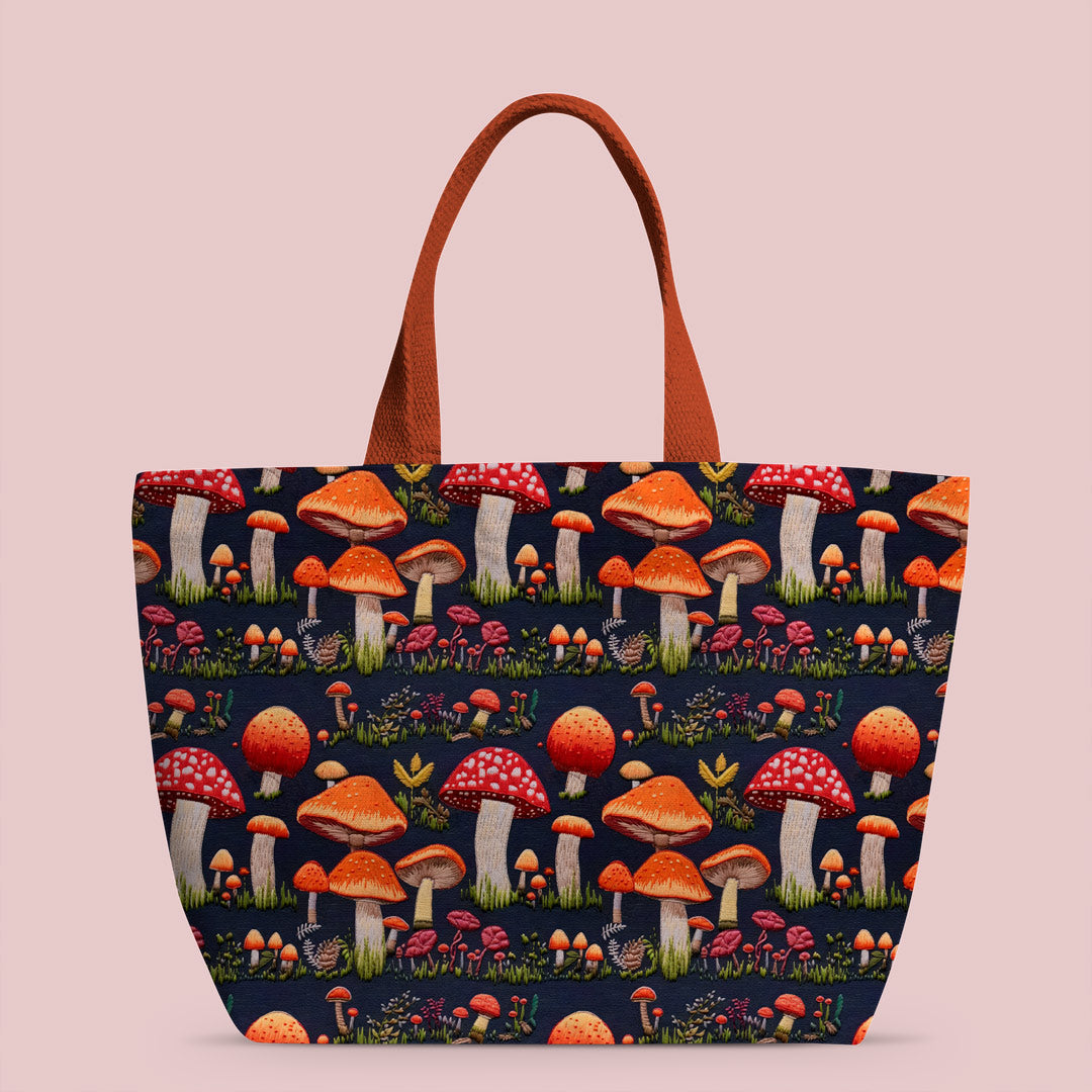 Mushrooms Navy Embroidery Fabric