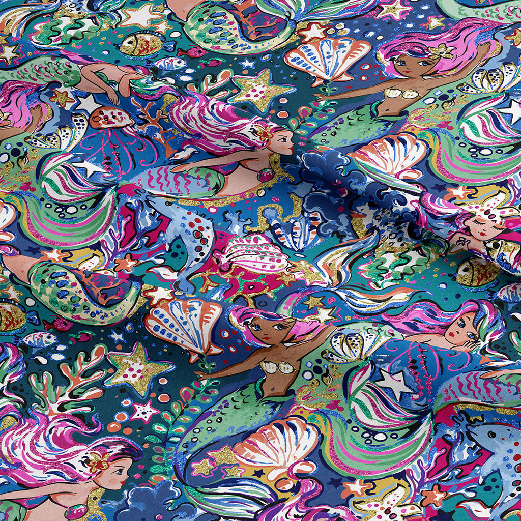 Enchanted Mermaids Navy Fabric