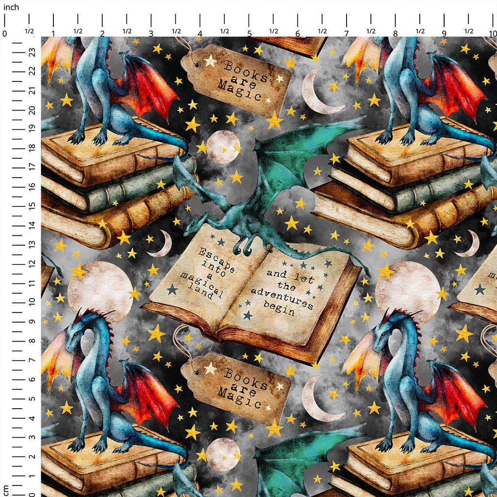 Fantasy Books Grey Fabric