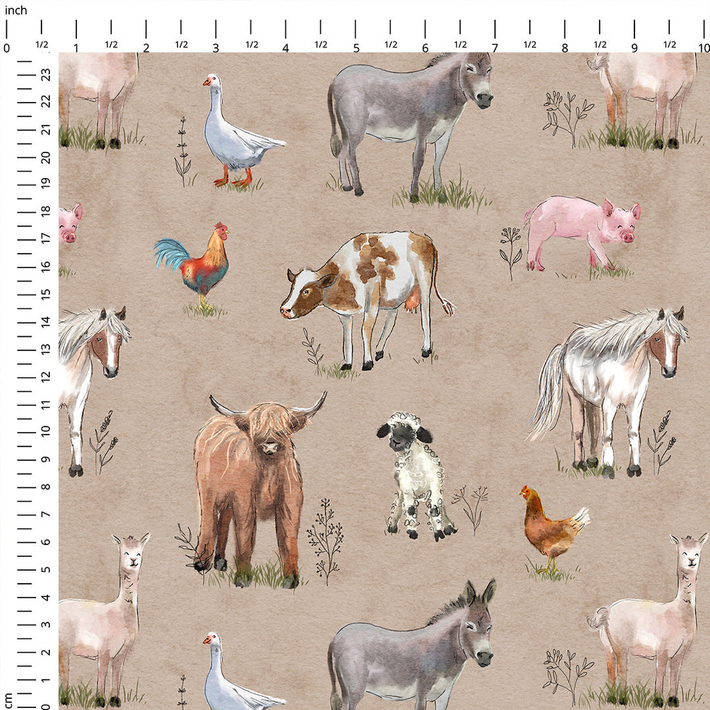 Farm Animals Beige Fabric