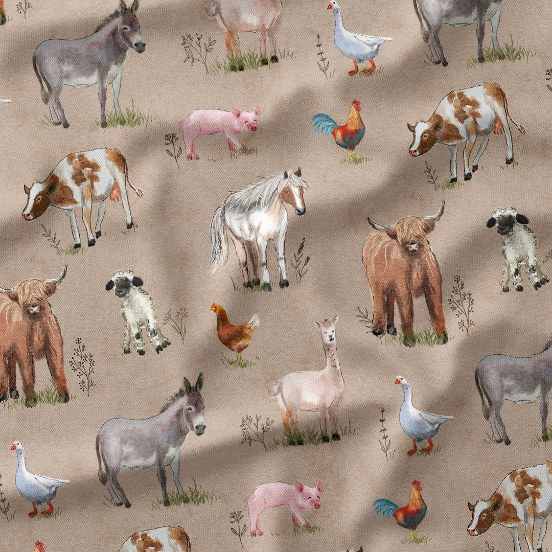 Farm Animals Beige Fabric
