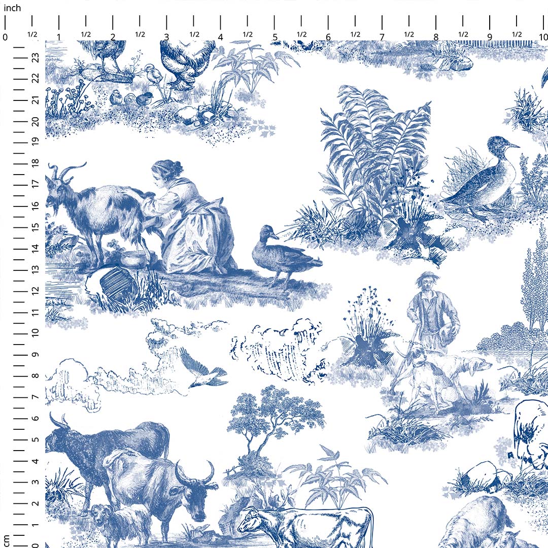 Farm Blue Toile De Jouy Fabric