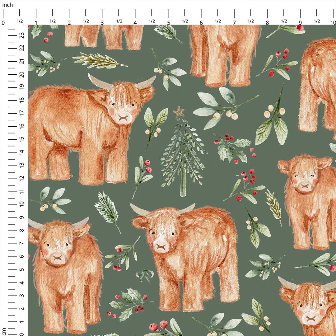 Festive Highland Coos Sage Fabric